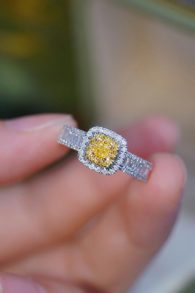 18K White Gold Natural Yellow Diamond Engagement Ring for Women