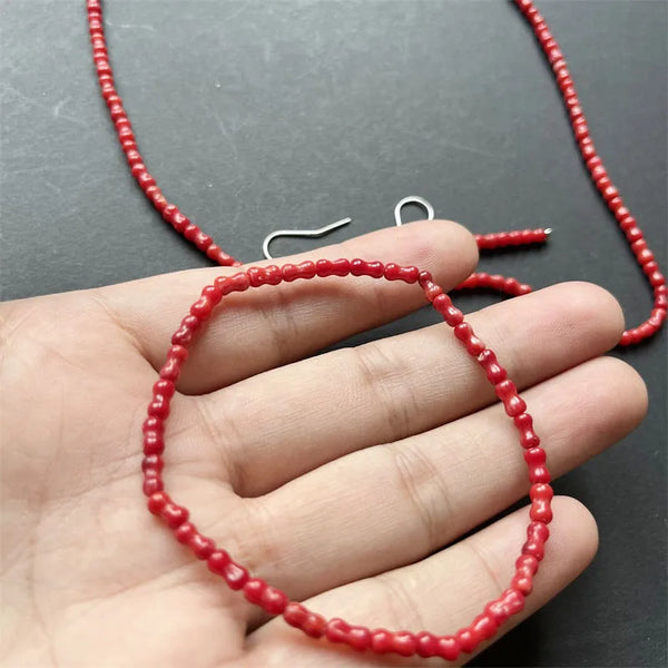 Sterling Silver Bamboo Bone Red Coral Jewelry Set for Women