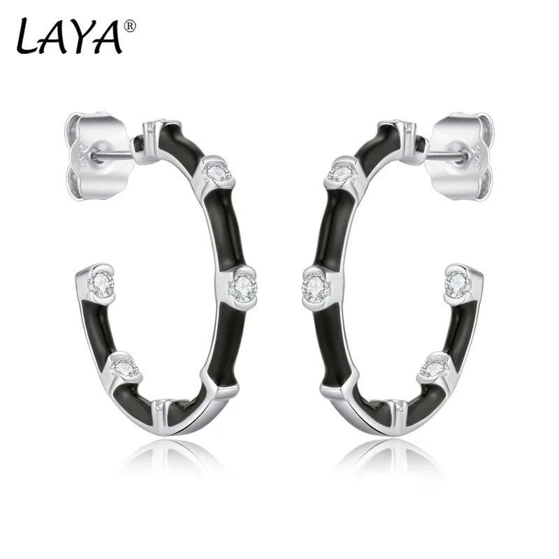 925 Sterling Silver Black Enamel Zircon Hoop Earrings for Women