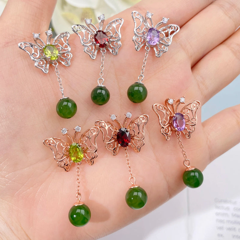 925 Sterling Silver Amethyst, Peridot & Garnet Hollow Butterfly Pendant Necklace for Women