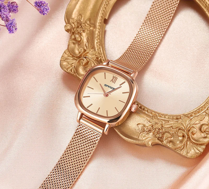 Stainless Steel Leather Mesh Quartz Watch for Women