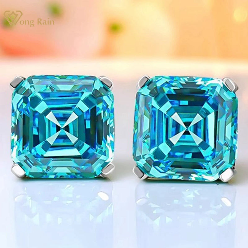 Sterling Silver Asscher Cut 10x10MM Aquamarine Citrine Gemstone Stud Earrings for Women