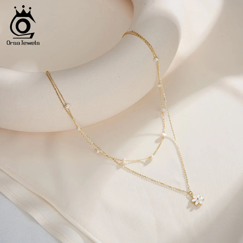 Sterling Silver Pearled Flower Pendant Layered Choker Necklace for Women