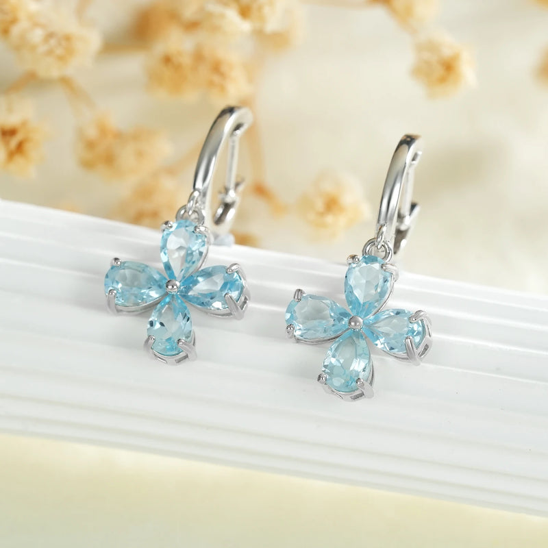 925 Sterling Silver Blue Topaz Dangle Earrings with Flower Design for Women