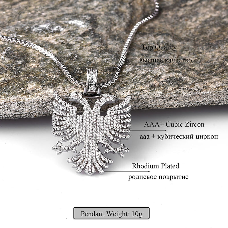 Gold Plated Cubic Zirconia Albanian Eagle Pendant Necklaces for Men