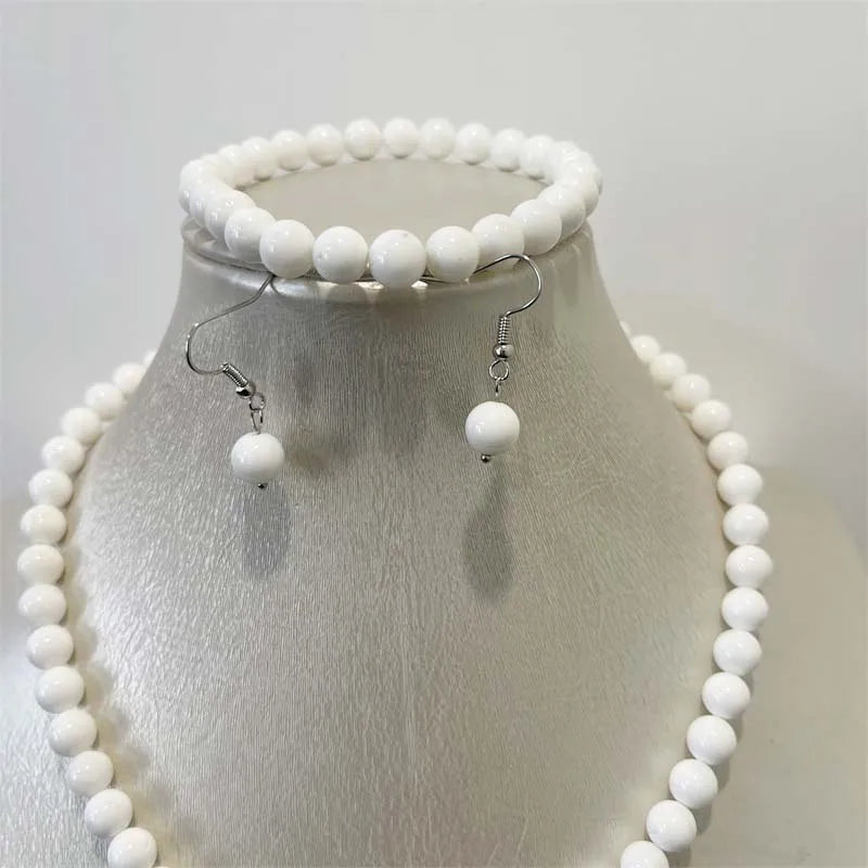 White Tridacna Pearl Jewelry Set Necklace Earring Bracelet Chain Choker for Women