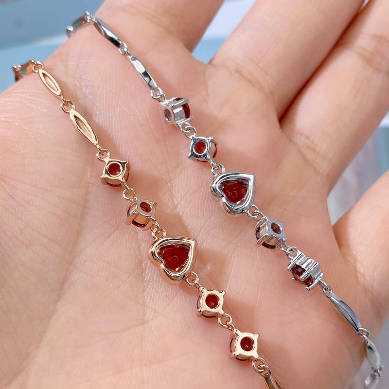 925 Sterling Silver Red Garnet Heart Bangle Bracelet for Women