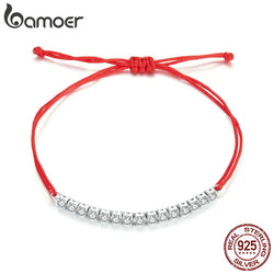 925 Sterling Silver Red Rope Bracelet with Shiny Zircon Accents for Women