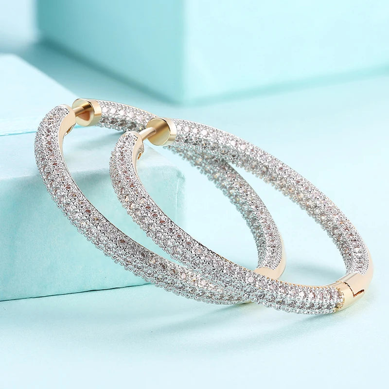 Sterling Silver 34mm Circle Hoop Earrings with Zircon for Women