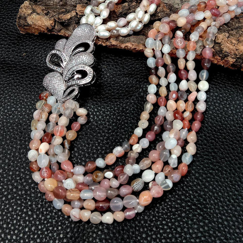 Y.YING 6 Rows Cultured White Rice Pearl Pink Agate Cz Pave Flower Pendant Necklace Fashionable Jewelry