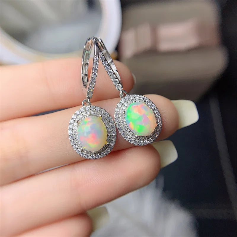 925 Silver Natural Opal Drop Earrings 8mm*10mm for Women