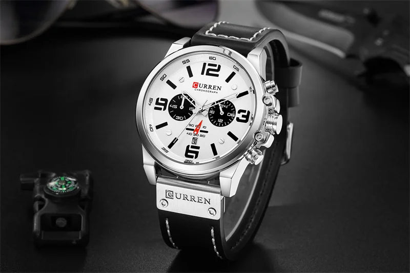 Stainless Steel Leather Chronograph Watch for Men