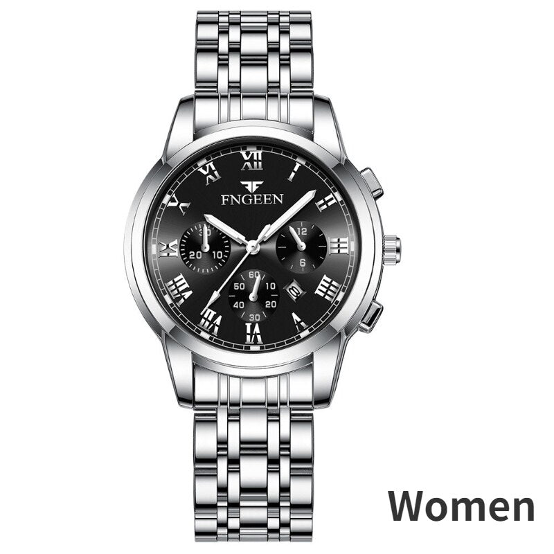 Stainless Steel Black Luminous Calendar Date Watch with three eyes and six pins for Men and Women