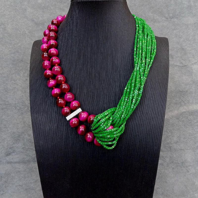 Y.YING 2 Rows Fuchsia Tiger Eye 18 Rows Green Crystal Statement Necklace For Women