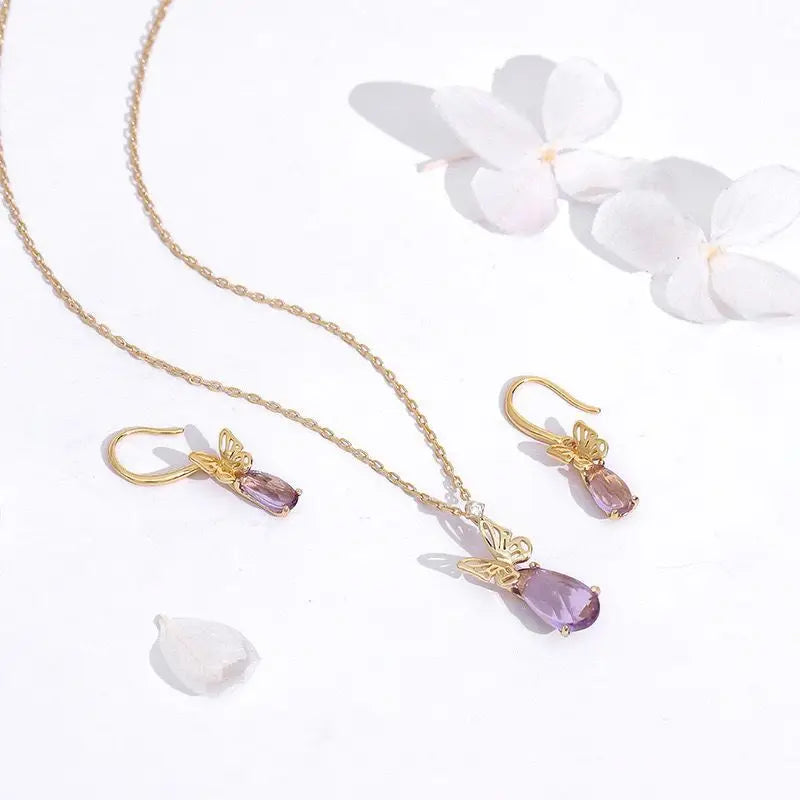 925 Sterling Silver Gold Plated Amethyst Crystal Butterfly Dangle Earrings for Women