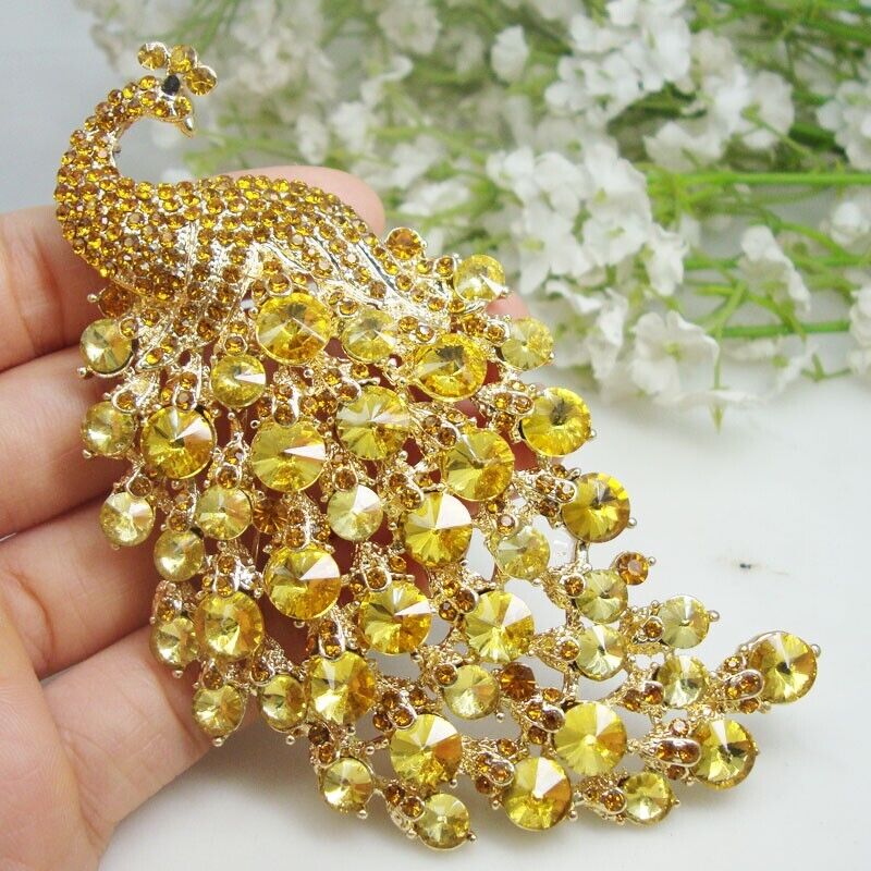 Brass 4.33ctw Rhinestone Vintage Peacock Bird Pendant Brooch for Women