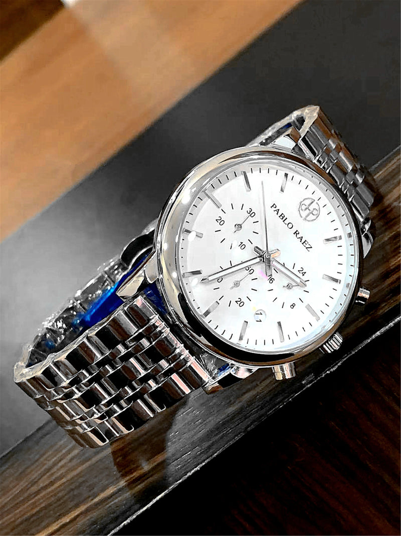 Stainless Steel Chronograph Luxury Wristwatch with Calendar and Quartz Movement for Men