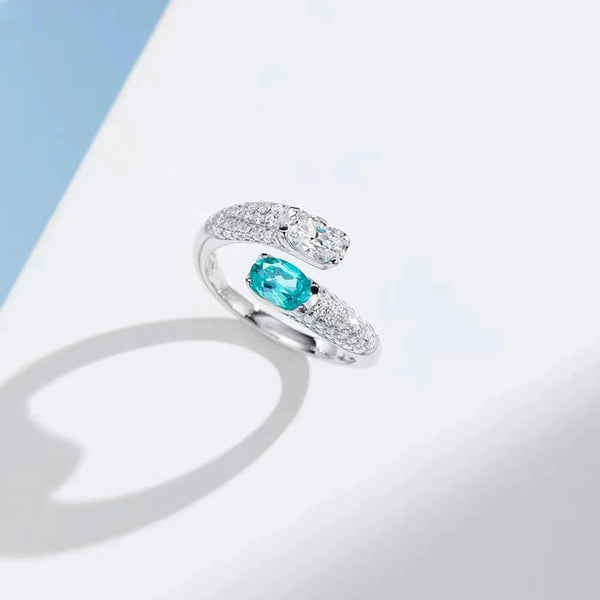 925 Sterling Silver Sparkling Oval Cut Paraiba Tourmaline High Carbon Diamond Gems Open Ring for Women