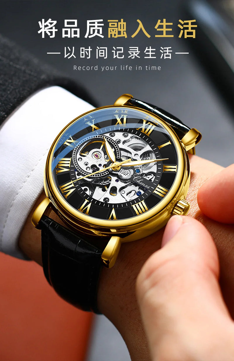 Stainless Steel Skeleton Automatic Luminous Mechanical Watch for Men