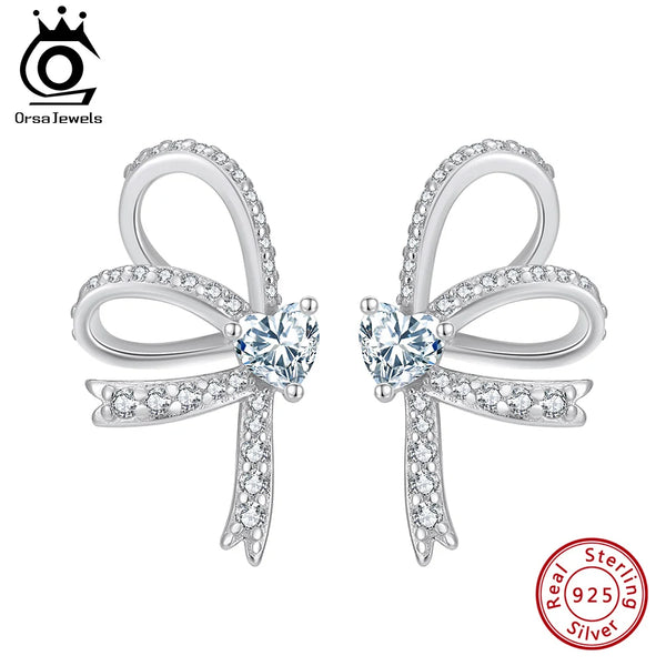 925 Silver Crystal Bow Stud Earrings for Women