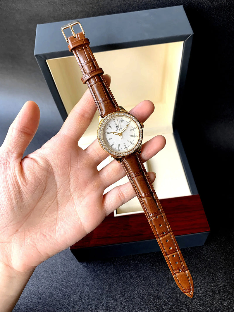 Women's Fashion Quartz Waterproof Brown Leather Wristwatch for Elegant Parties