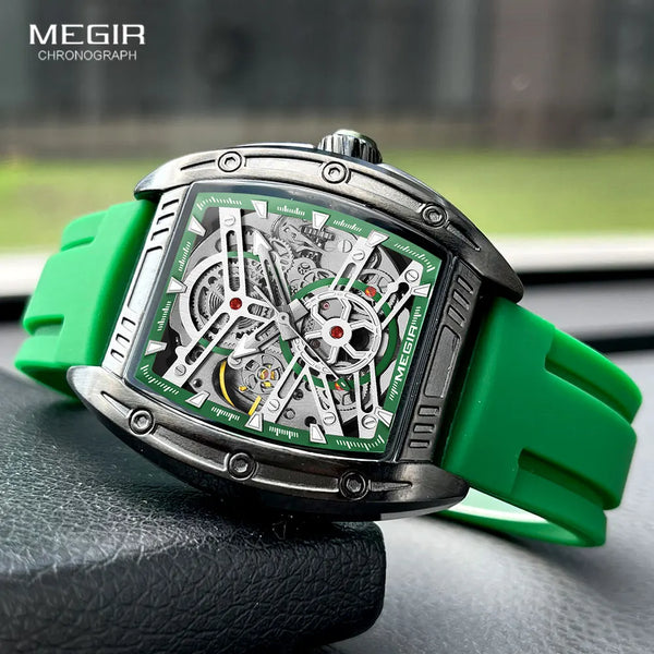 Stainless steel Green Silicone strap Automatic Waterproof Mechanical Tonneau Dial Watch. for Men