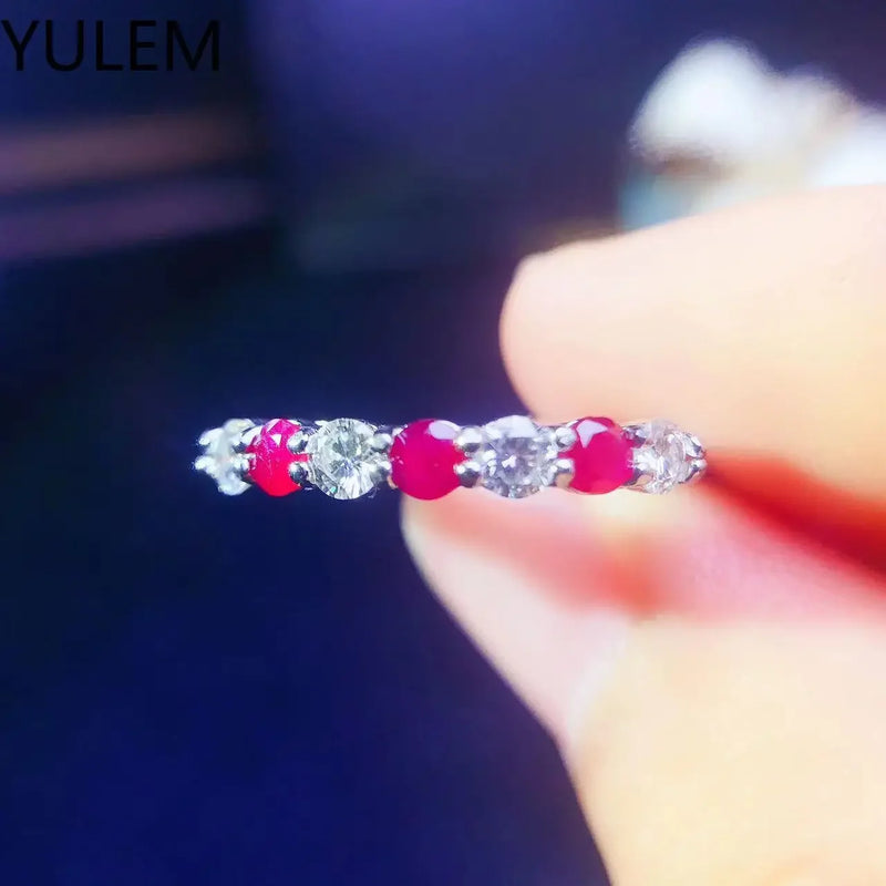 925 Silver Natural Myanmar Ruby with 3mm Moissanite Ring Adjustable Engagement Ring for Women