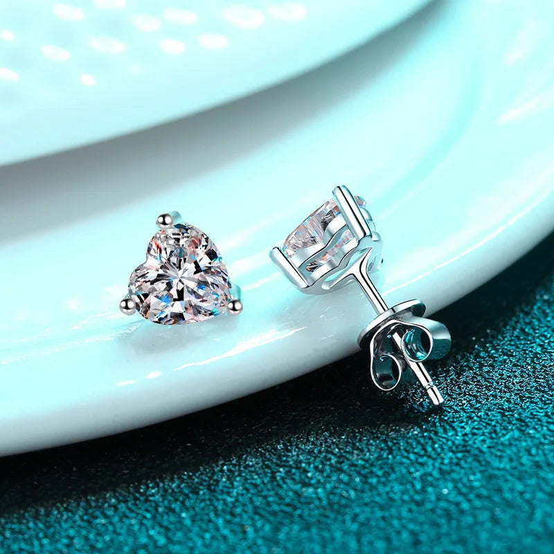 925 Sterling Silver Heart Shape Moissanite Stud Earrings for Women and Men.