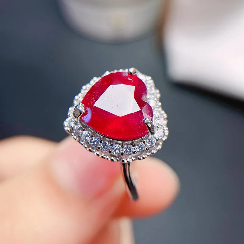 925 Sterling Silver Natural Real Ruby Heart Shape Ring for Women