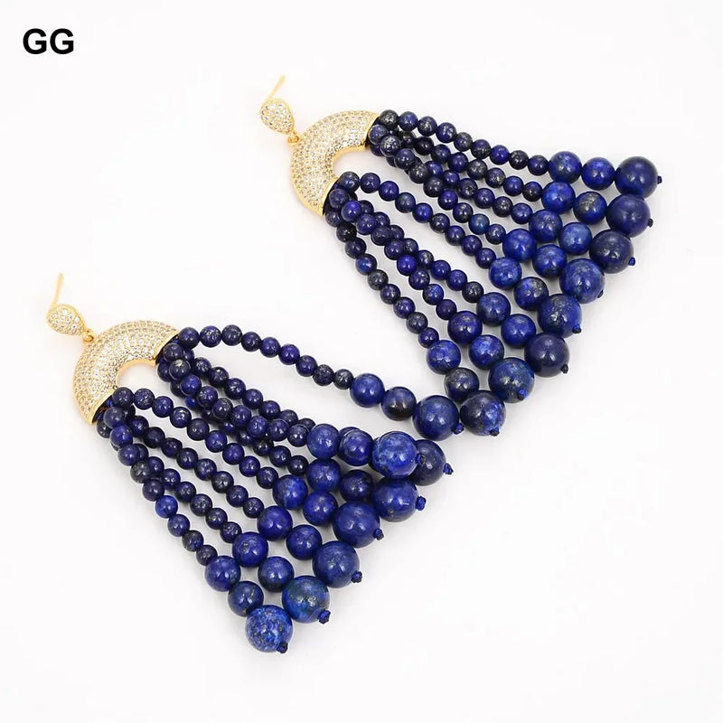 Gold Plated Round Blue Lapis Lazuli & CZ Earrings for Women