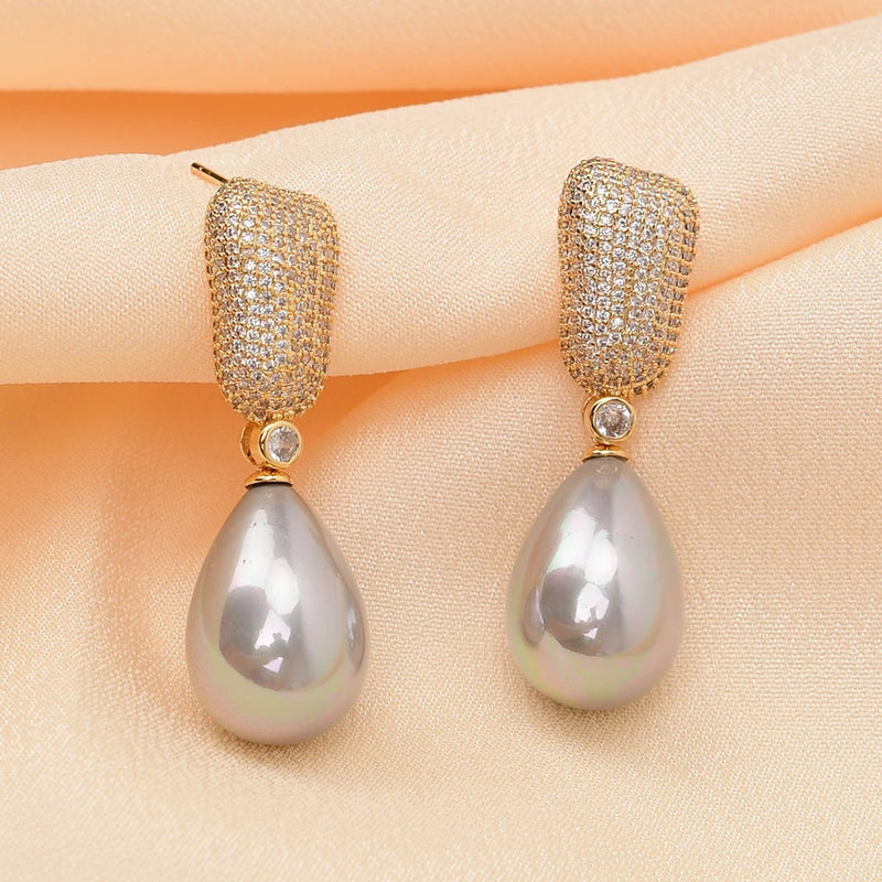 Gold Plated Natural Gray Sea Shell Pearl Teardrop CZ Earrings for Women