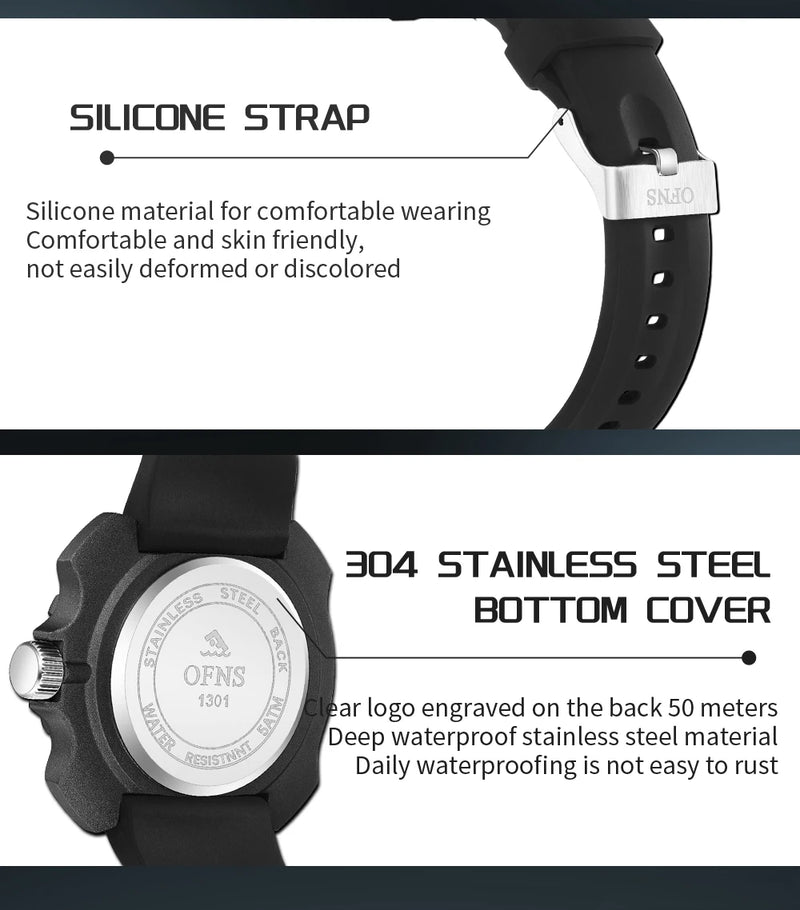 Quartz Silicone Strap 50M Waterproof Sport Watch for Men