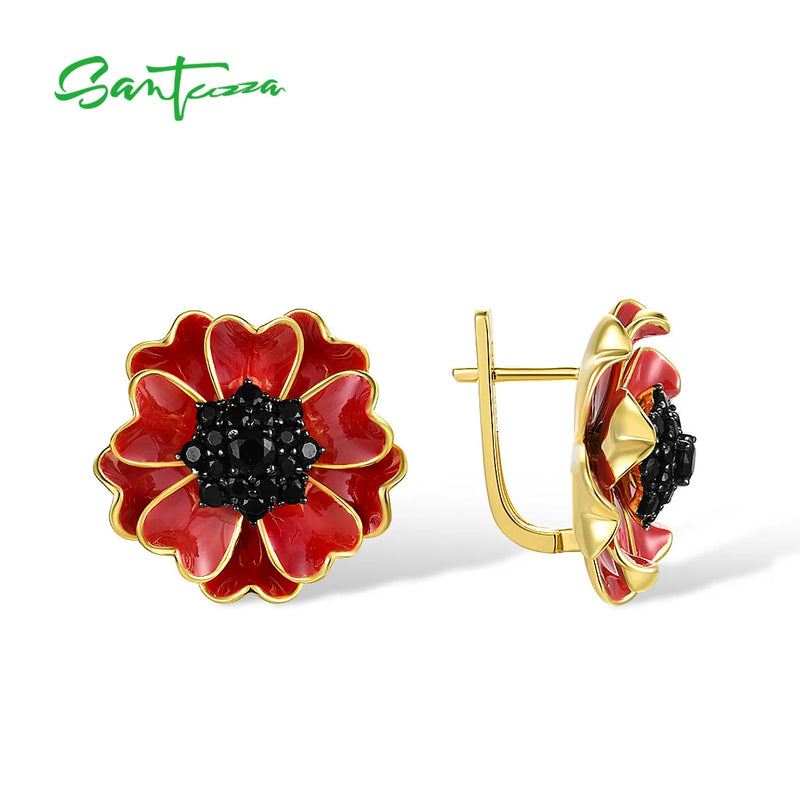 Sterling Silver Black Spinel Red Enamel Blossom Sunflower Earrings for Women