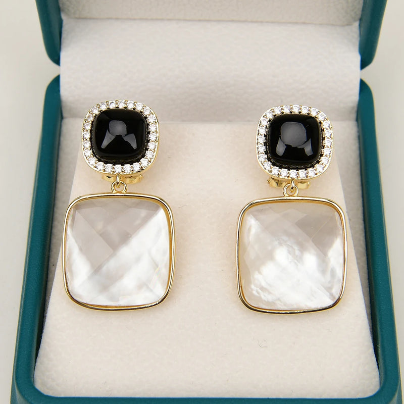 Sterling Silver White Shell Pearl Onyx CZ Square Stud Drop Earrings for Women