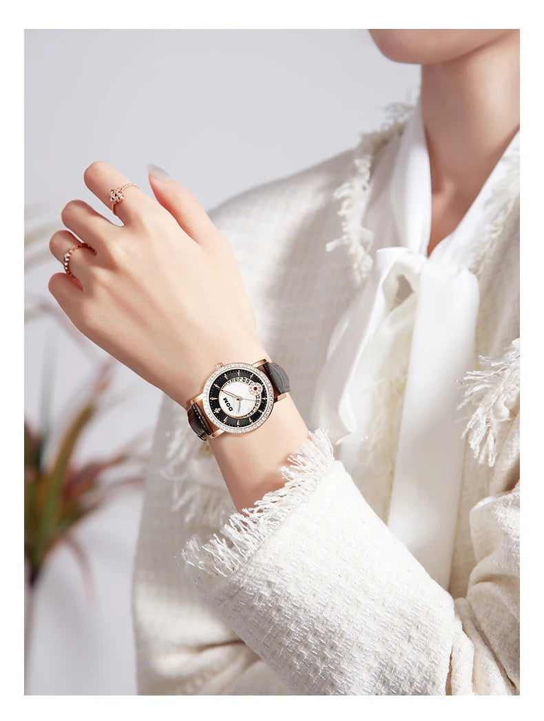 Black Diamond Quartz Leather Watch for Women