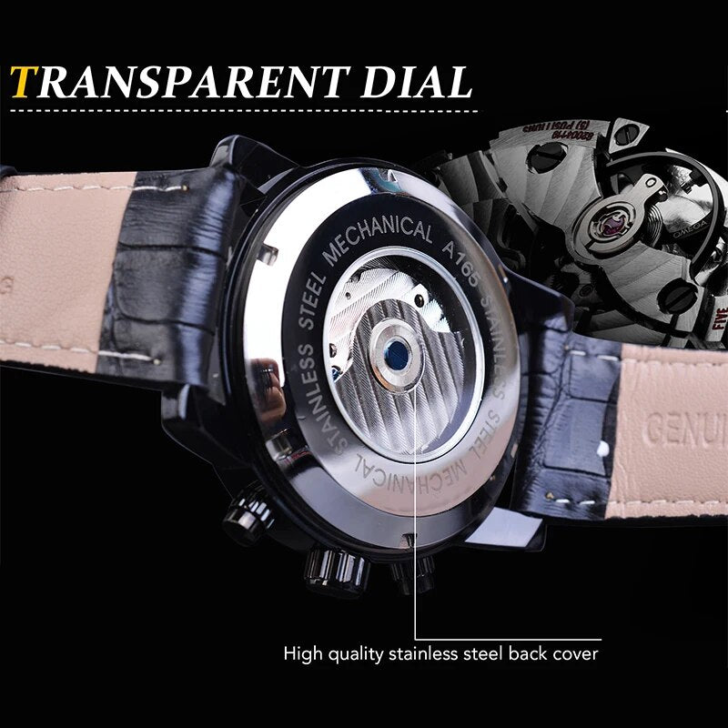 Stainless Steel Leather Strap Skeleton Flywheel Tourbillon Calendar Wristwatch for Men