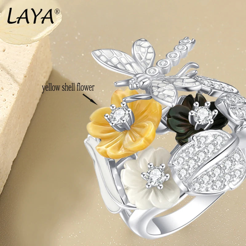 Sterling Silver Black Yellow Shell Flower Ring with White Zircon for Women