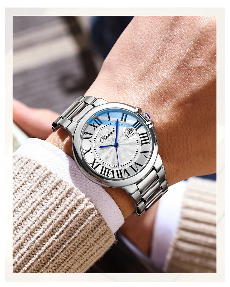 Stainless Steel Silver Waterproof Luminous Quartz Calendar Watch for Men