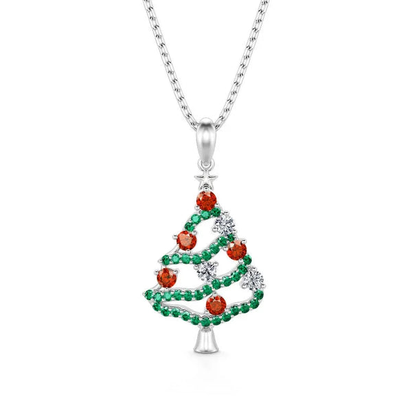 Silver Christmas Tree Pendant Necklace with CZ Stones for Women