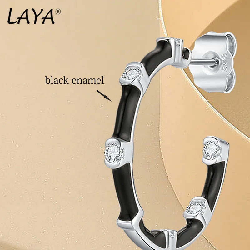 925 Sterling Silver Black Enamel Zircon Hoop Earrings for Women