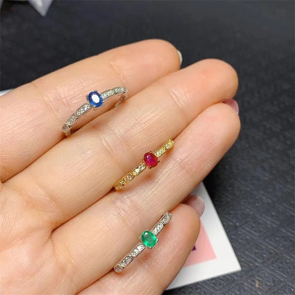 Sterling Silver Natural Ruby Sapphire Emerald .75ctw Adjustable Wedding Ring for Women