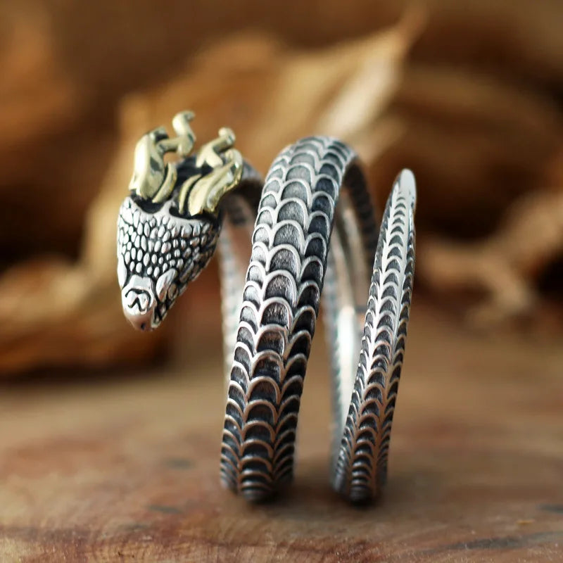 925 Sterling Silver Horned Snake Open Ring for Man Woman