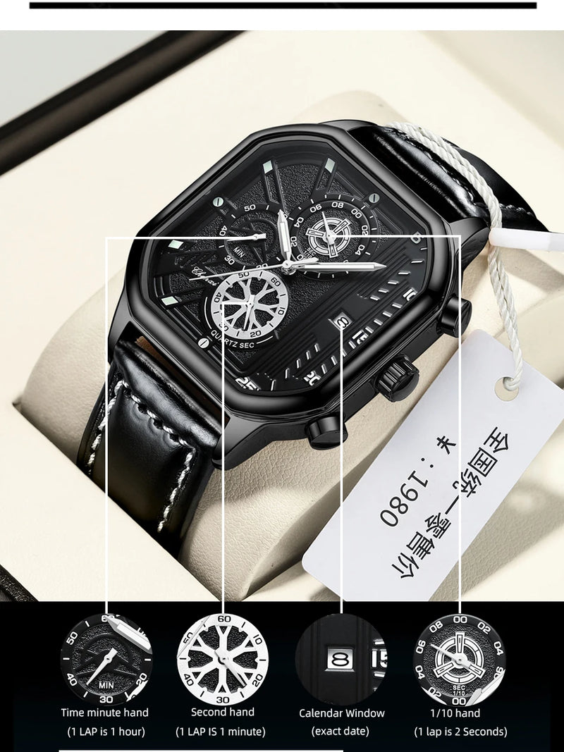 Stainless Steel Black Leather Square Dial Chronograph Quartz Wristwatch for Men