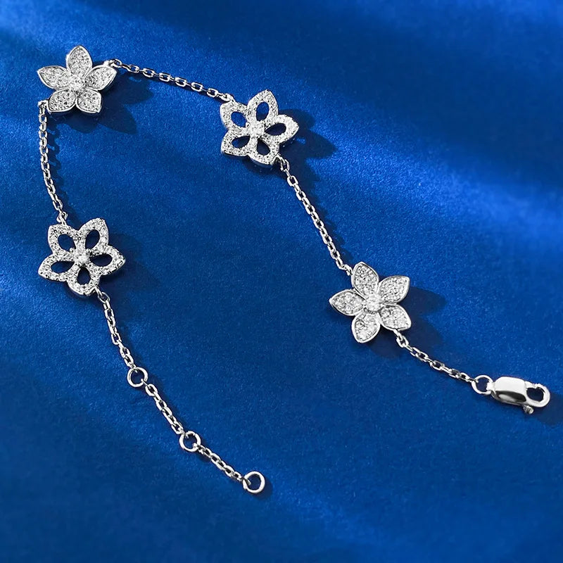 925 Sterling Silver Hollow Five Petal Flower Bracelet for Female