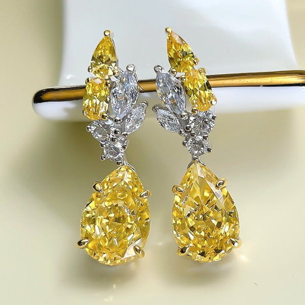 Sterling Silver Pear Cut 5ct Yellow Stone Teardrop Earrings for Women