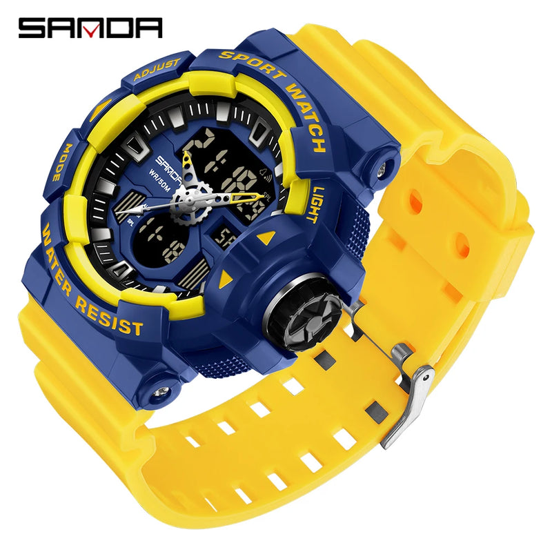 Stainless Steel Yellow Blue Quartz Dual Display Sport Watch for Men