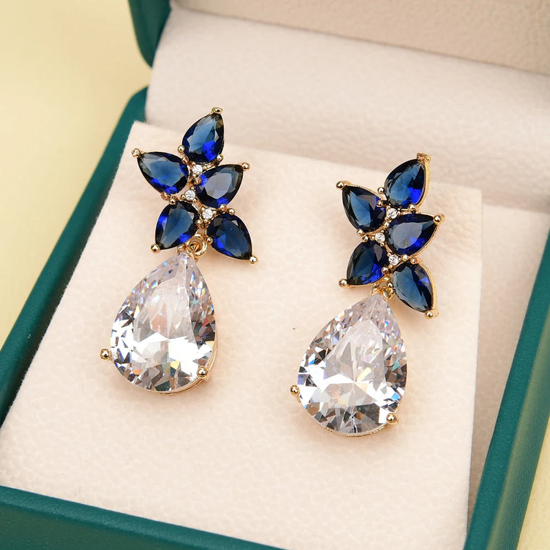 Gold Plated Blue Crystal Water Drop Earrings with Cubic Zirconia for Women