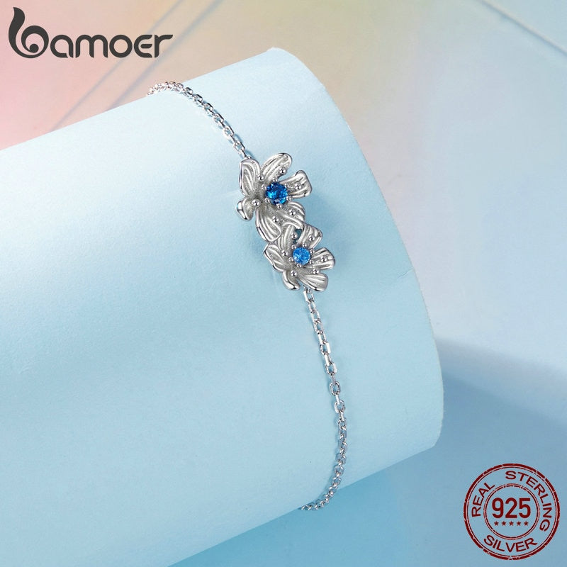 925 Sterling Silver Blue Zircon Flower Bracelet for Women