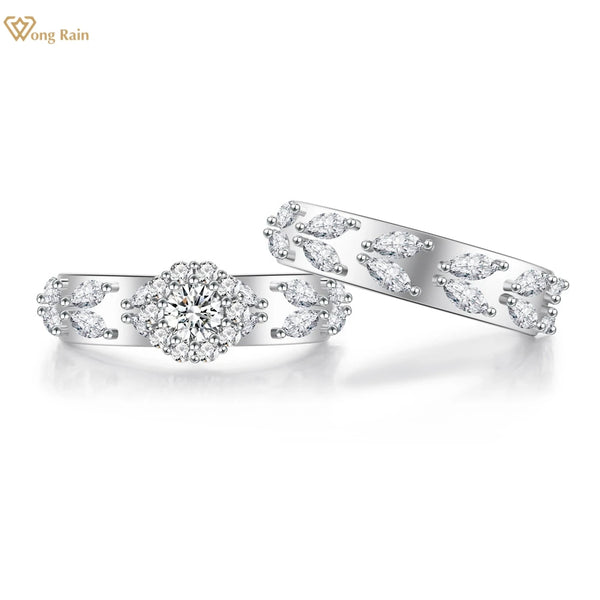 Sterling Silver Lab Sapphire Diamond Flower Ring Set 2Pcs for Women