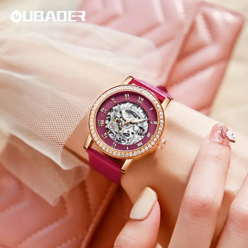 Stainless Steel Diamond Crystal Skeleton Automatic Watch for Women